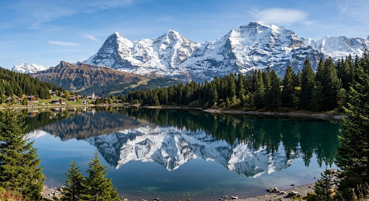 Snow capped Swiss Alps above a mountain lake